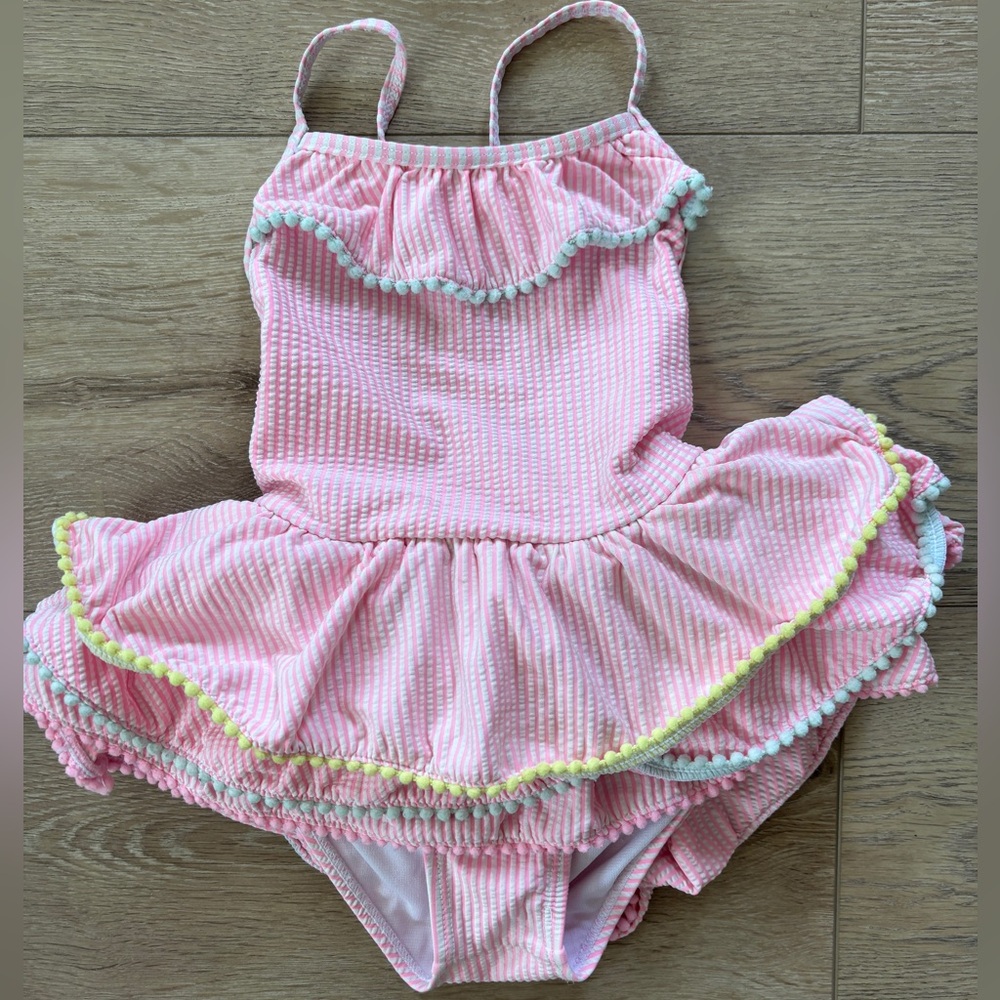 Wetsuit Club Swimsuit Seersucker Pom Pom Ruffle Girls SZ 5T